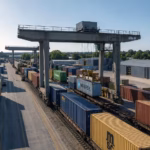 Large gantry crane loading shipping containers onto freight trains at an intermodal rail terminal.