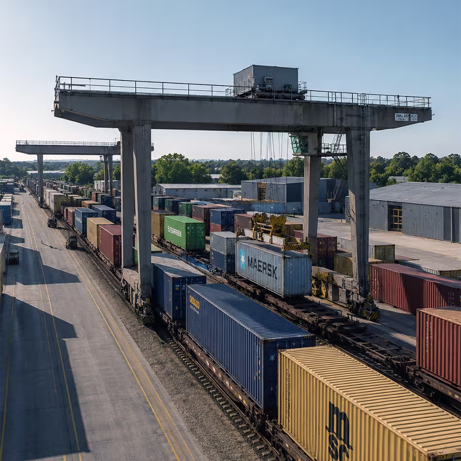 Large gantry crane loading shipping containers onto freight trains at an intermodal rail terminal.