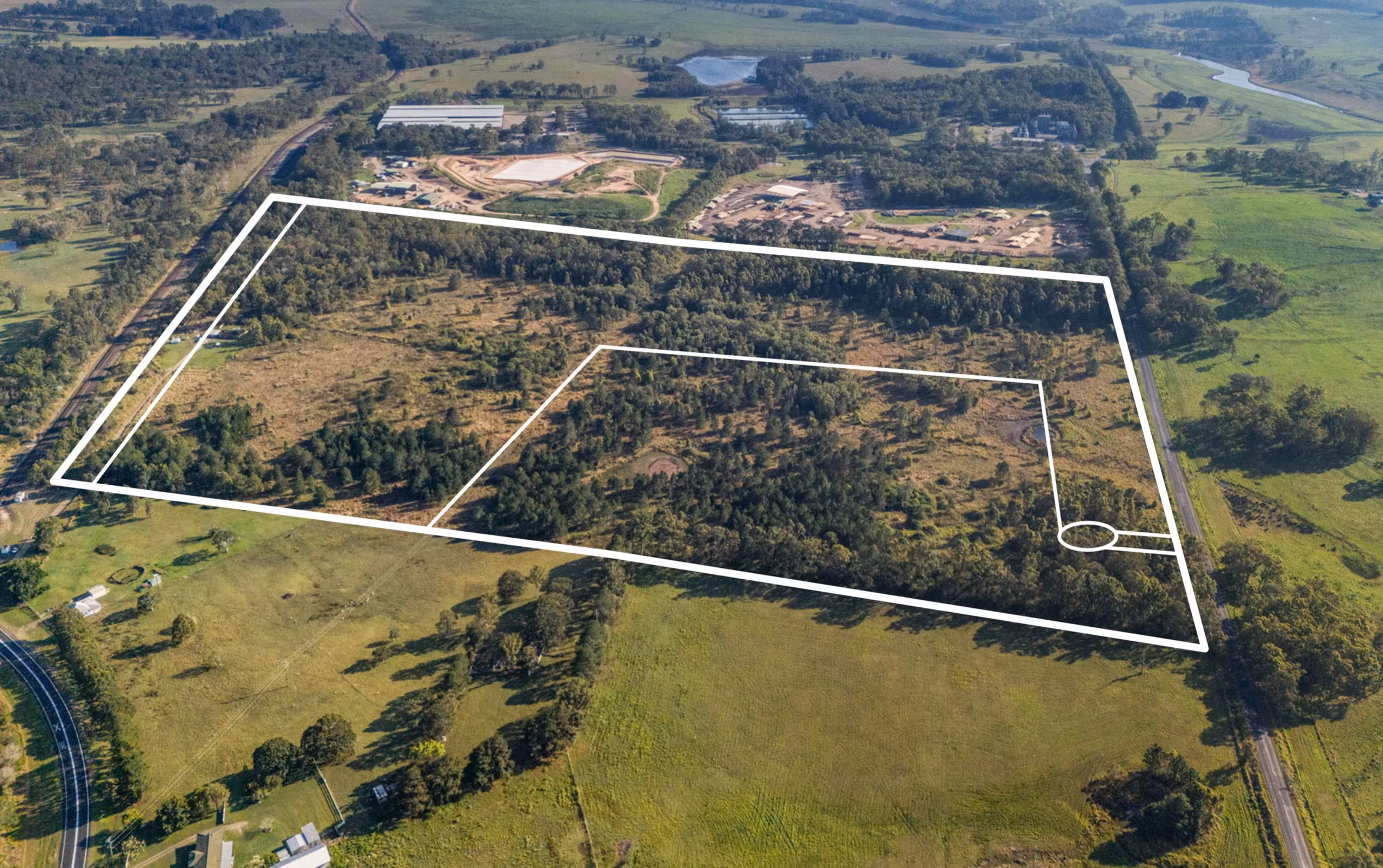 Aerial view of Northern Rivers Intermodal industrial estate site boundary at Reynolds Road in Casino NSW.